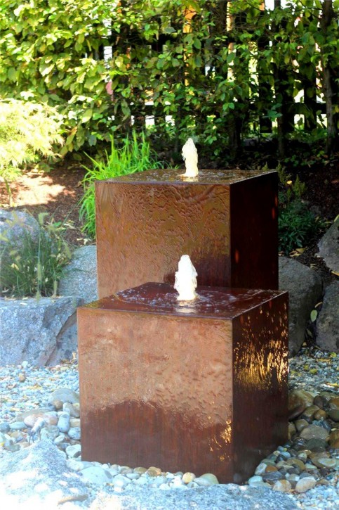 Wasserspiel SET Cortenstahl 2er Kubus 60/100cm Gartenbrunnen Edelrost Design