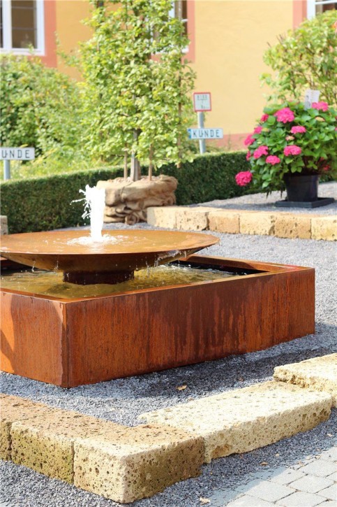 Cortenstahl Wasserschale Ø120cm mit Fontäne Edelrost Springbrunnen Gartenbrunnen Komplettset