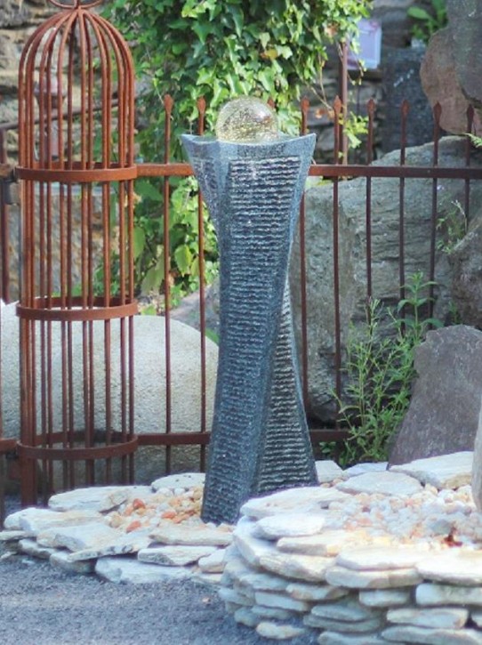 Wasserspiel SET Quellstein Säule Swirl 100cm Gartenbrunnen mit dreh. Glaskugel
