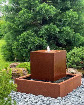 Cortenstahl Würfel 60 mit Sprudelquelle Edelrost Gartenbrunnen Springbrunnen